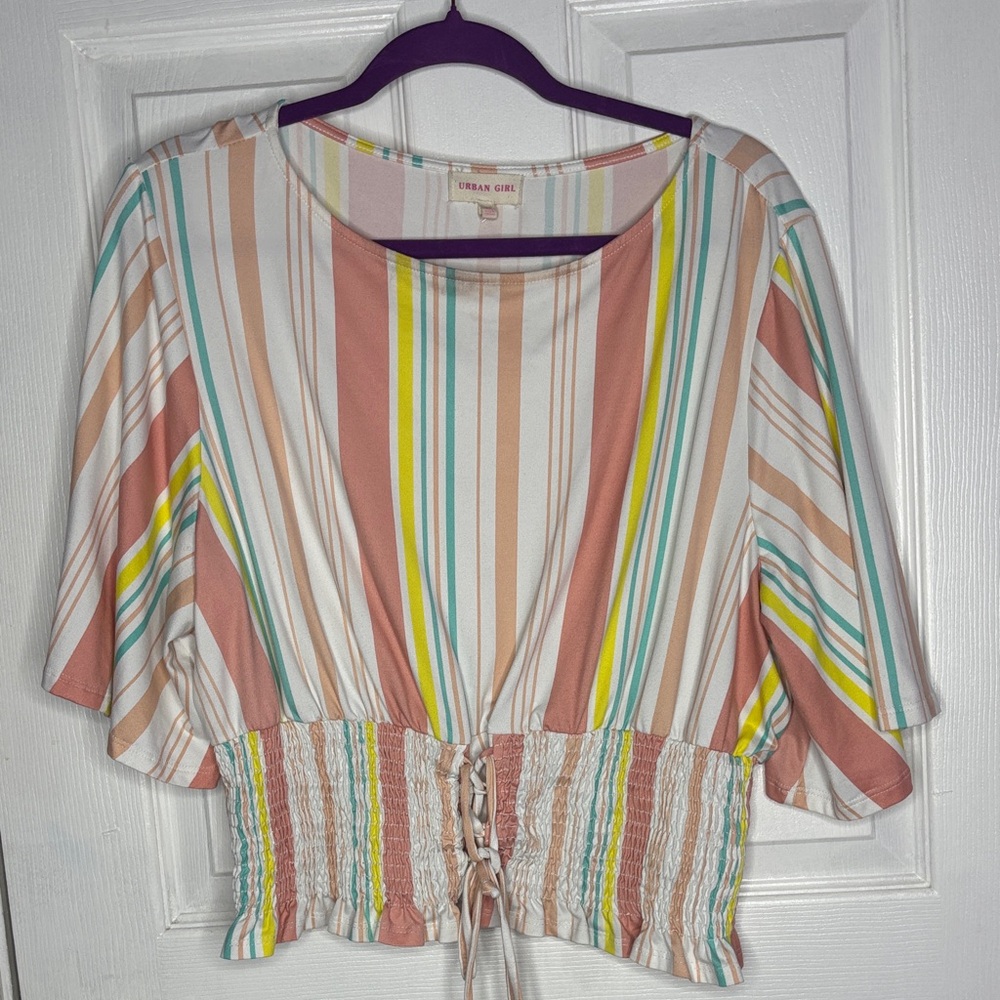 Striped Multi Pastel Crop Top with Drawstring - Picture 6 of 6
